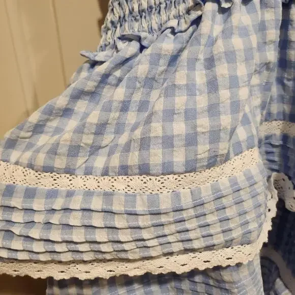 Day + moon blue and white plaid crossover halter top romper - Picture 6 of 6